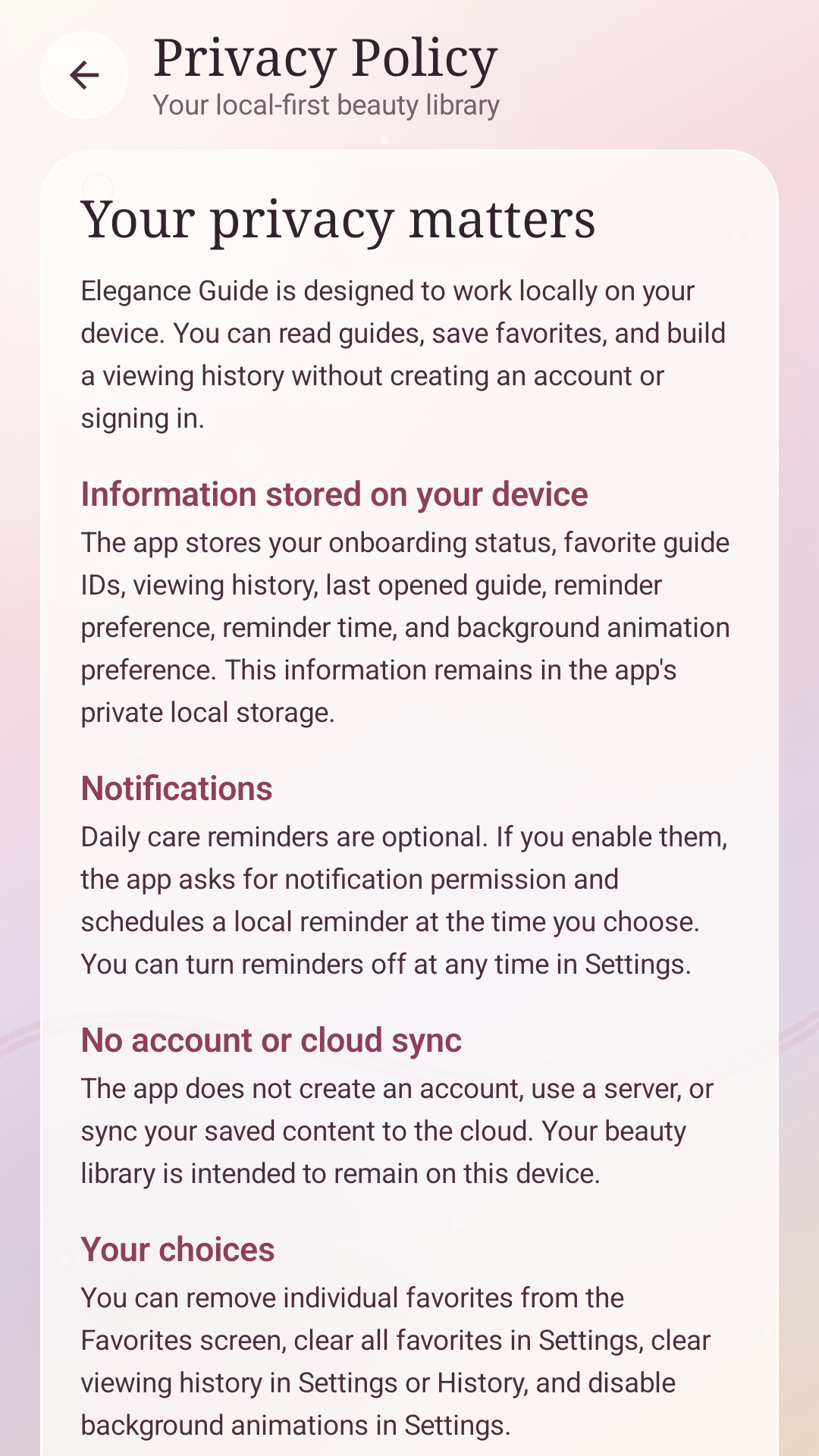 Elegance Guide in-app privacy screen